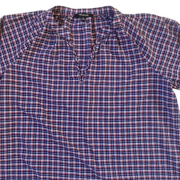 Madewell Blue Red Tie-Sleeve Linen Blend Top in Plaid Size - M - Picture 7 of 9